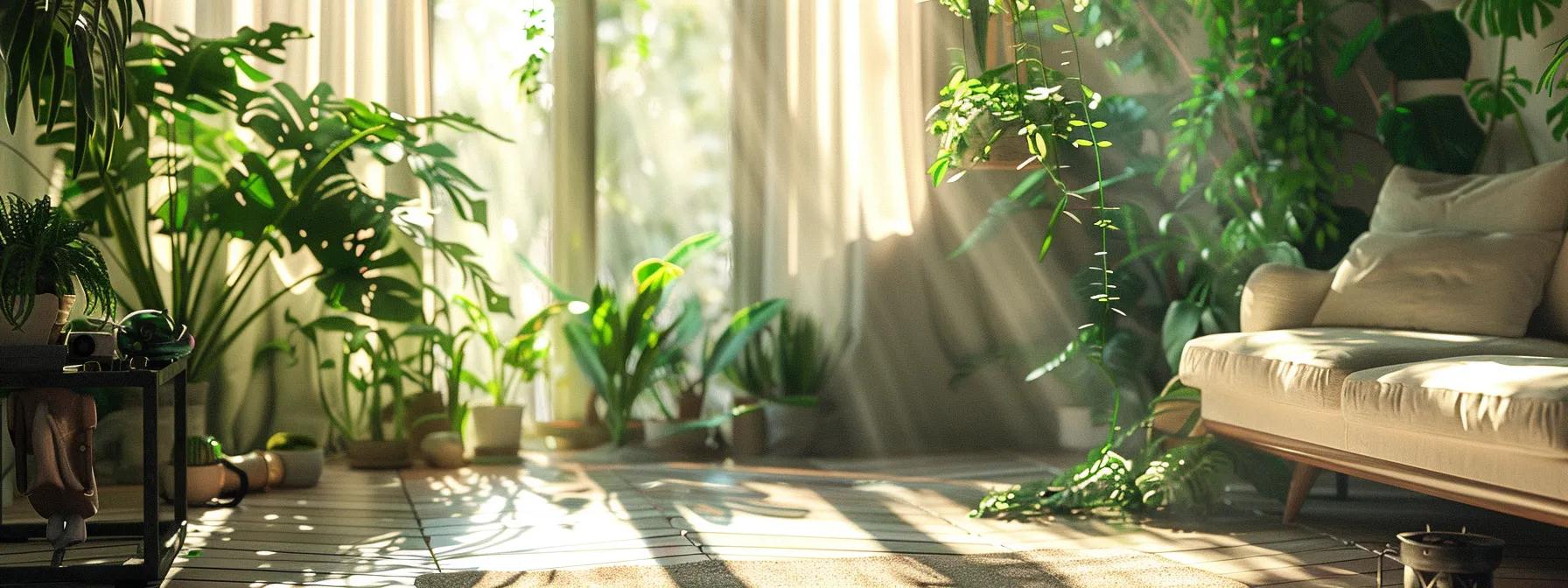 a serene, sunlit room adorned with lush greenery and soft, calming colors, embodying a harmonious blend of nature and design that promotes mental wellness.